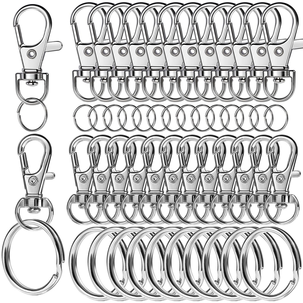 Silver zinc alloy swivel snap hooks and split rings for keychain making, arranged in rows on a white background.