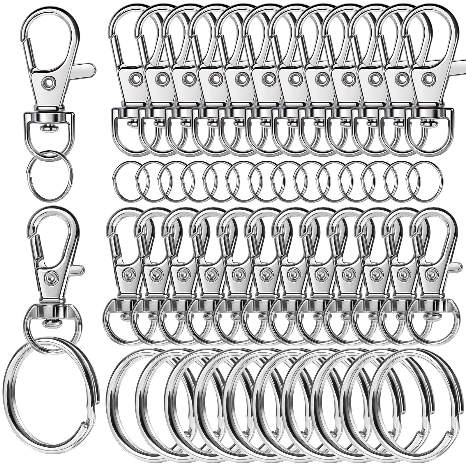 Silver zinc alloy swivel snap hooks and split rings for keychain making, arranged in rows on a white background.