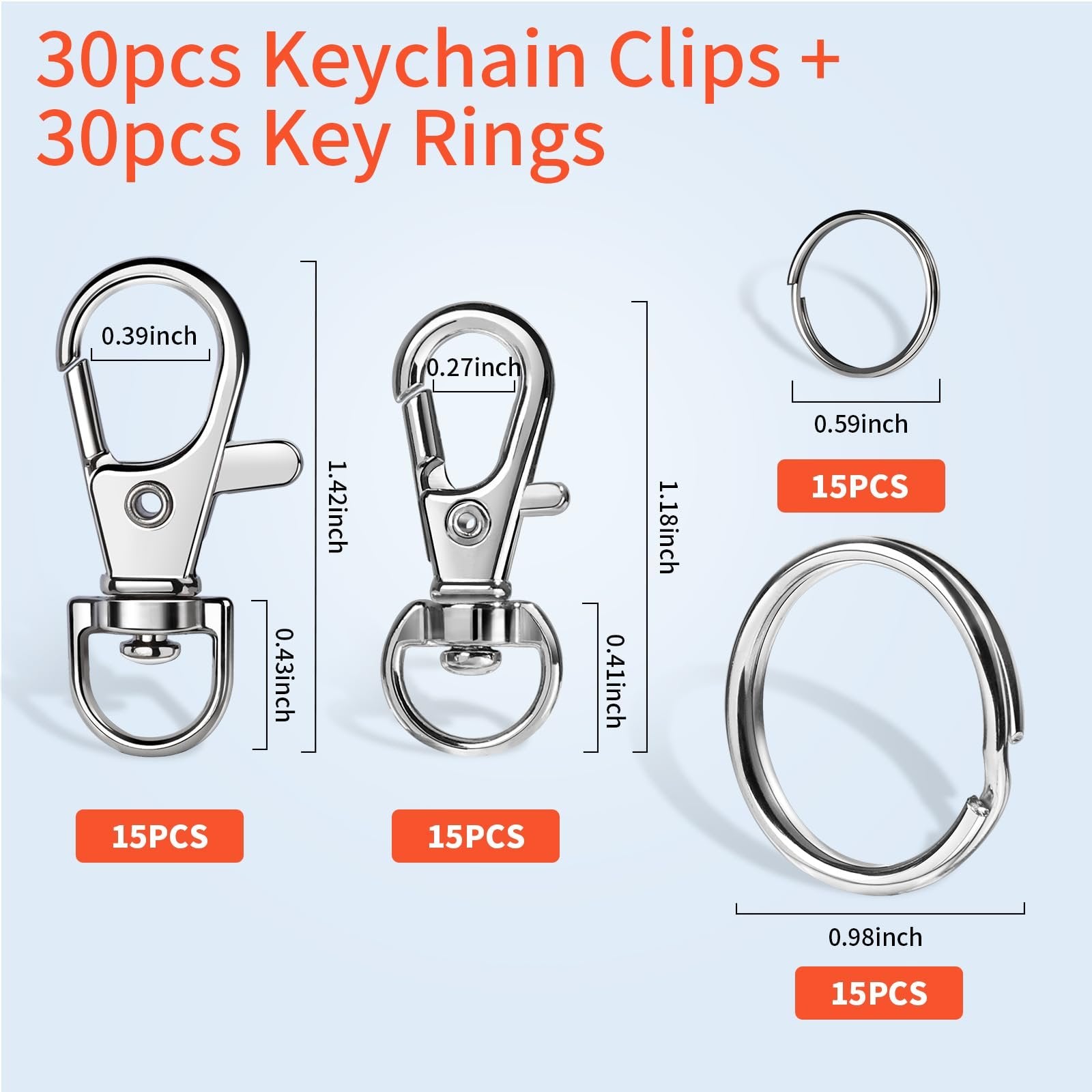 Two silver swivel snap hooks and two silver split rings with dimension callouts and quantity labels.