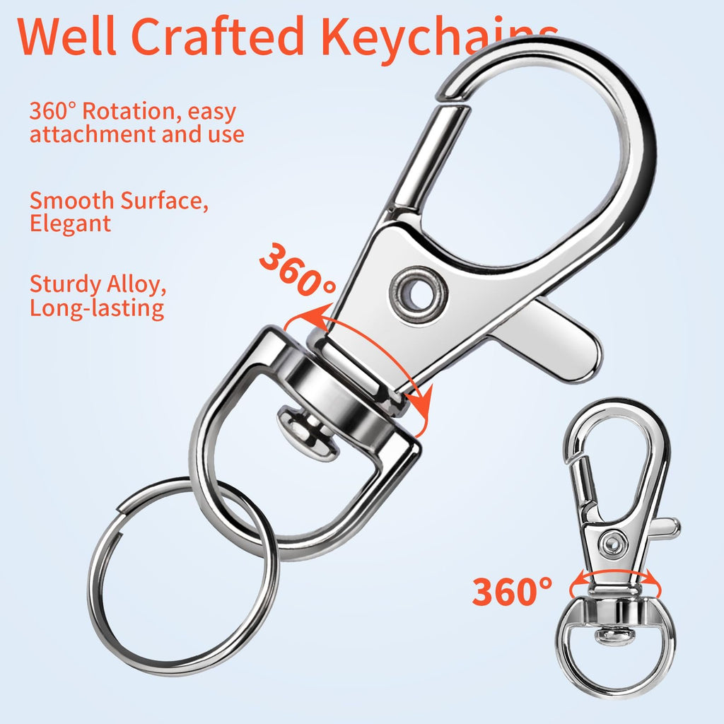 Silver swivel snap hook and split ring keychain hardware shown from multiple angles with feature callouts.