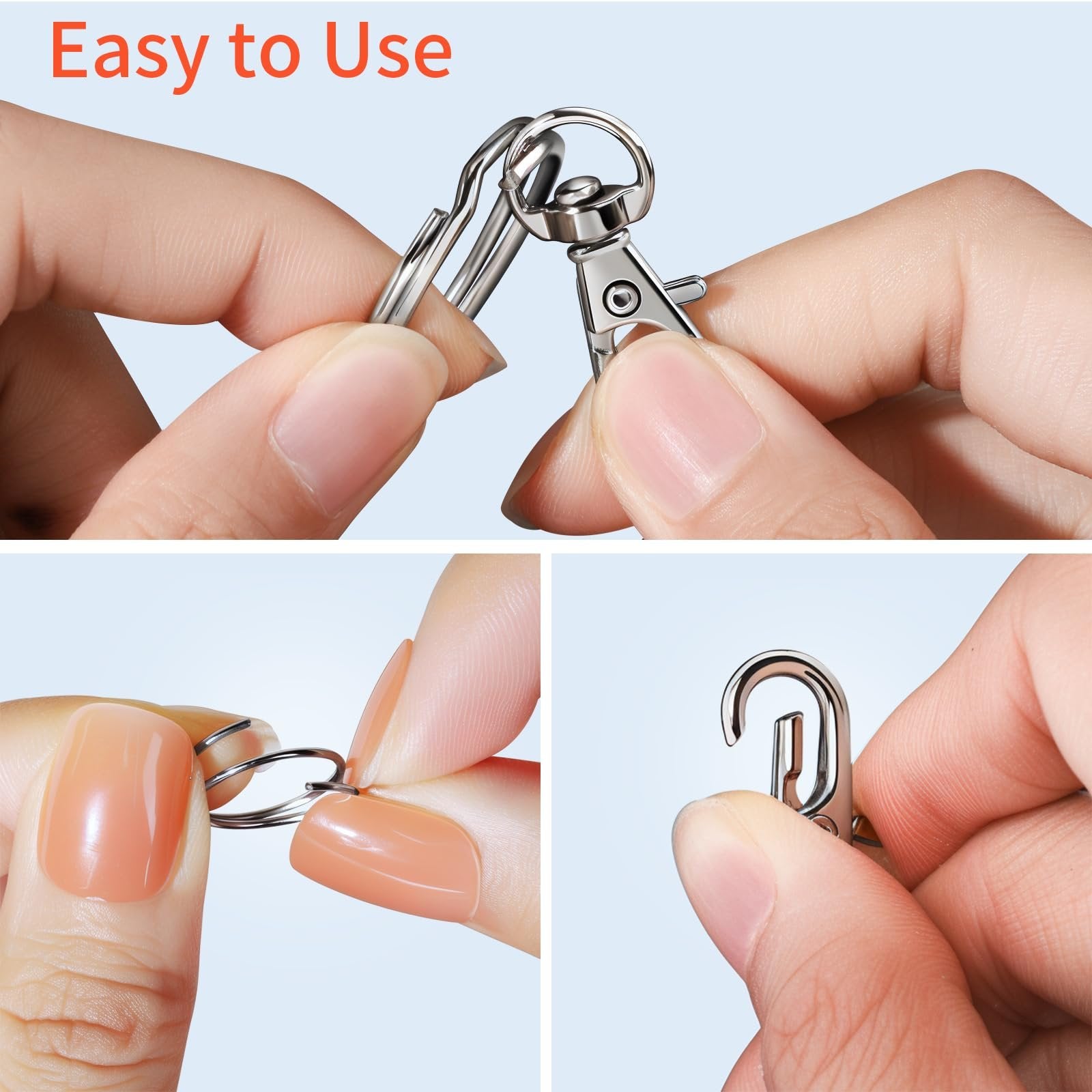 Hands demonstrating how to attach a split ring to a swivel snap hook from a keychain making kit.