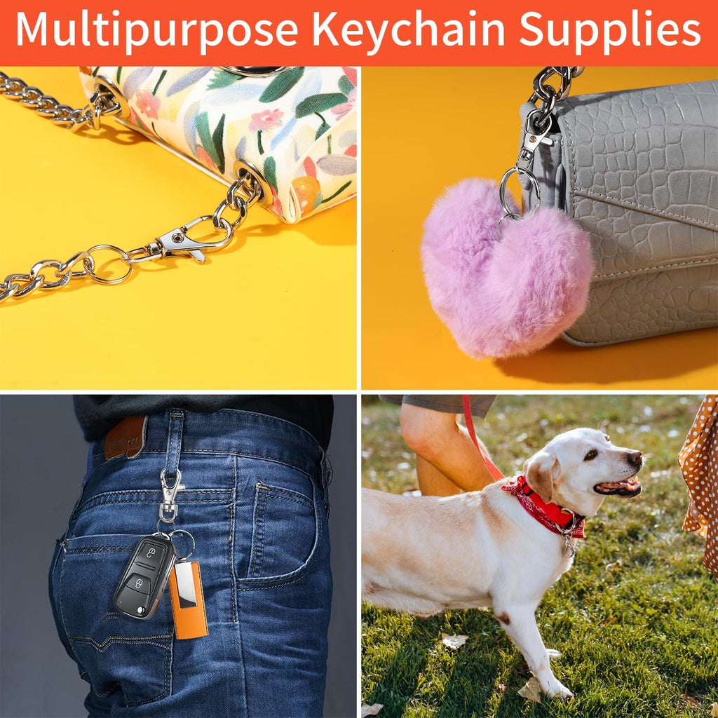 Collage of four images showing keychain supplies: chain attached to a floral purse, fluffy pom-pom keychain on a gray handbag, car keys with a keychain attached to jeans, and a dog wearing a bandana with a leash clip.