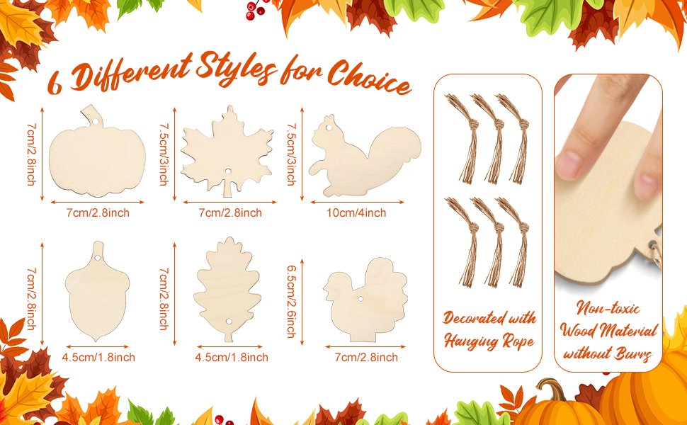 Unfinished wood Thanksgiving ornaments in 6 styles: pumpkin, maple leaf, squirrel, acorn, oak leaf, and turkey, with dimensions and hanging rope shown.