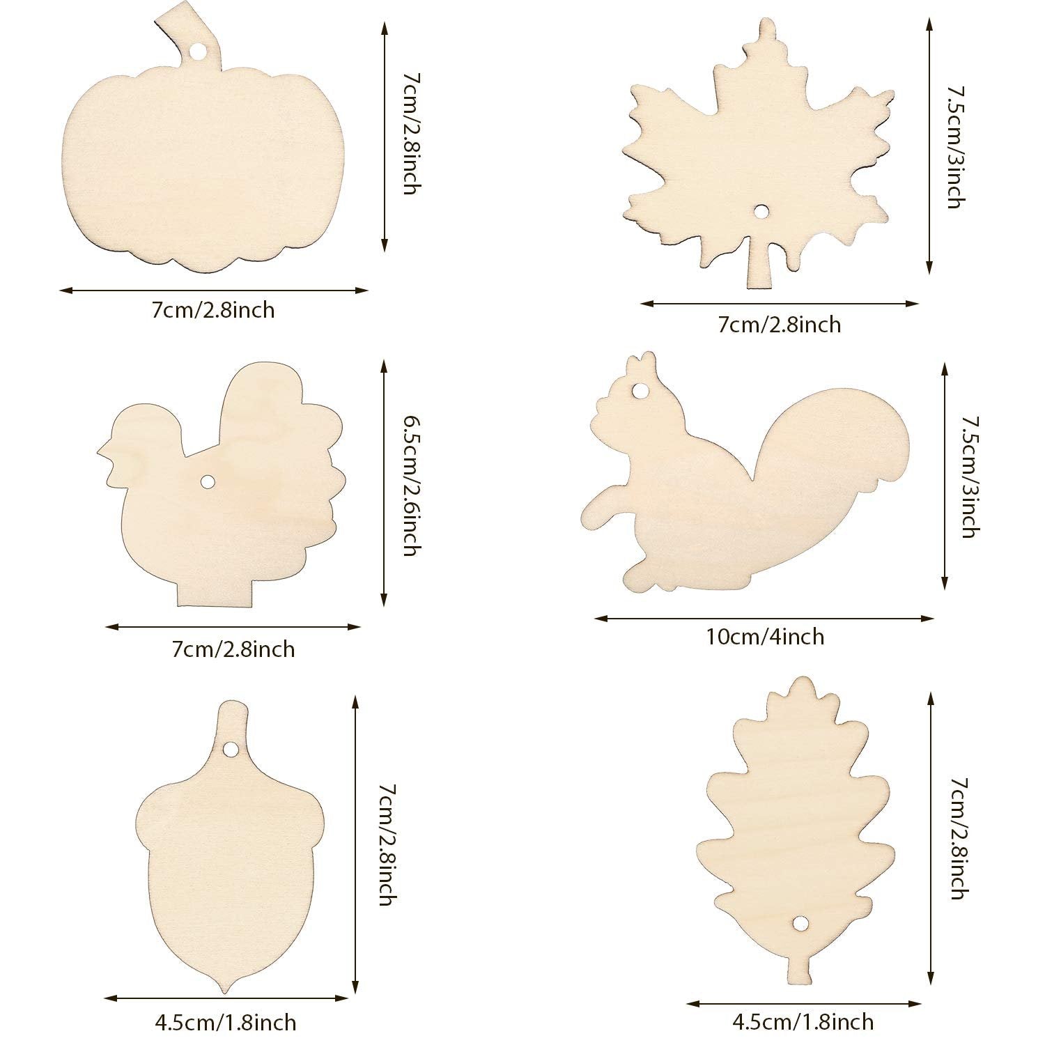 Six unfinished wood Thanksgiving ornaments in various shapes including pumpkin, turkey, maple leaf, acorn, squirrel, and oak leaf, with dimensions shown.