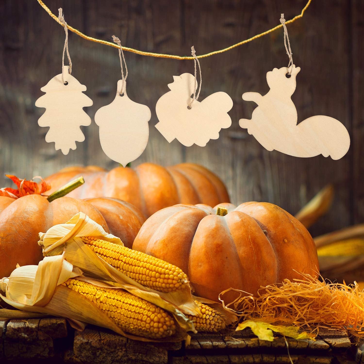 Unfinished wooden Thanksgiving ornaments in various fall shapes hanging on a string above pumpkins and corn.