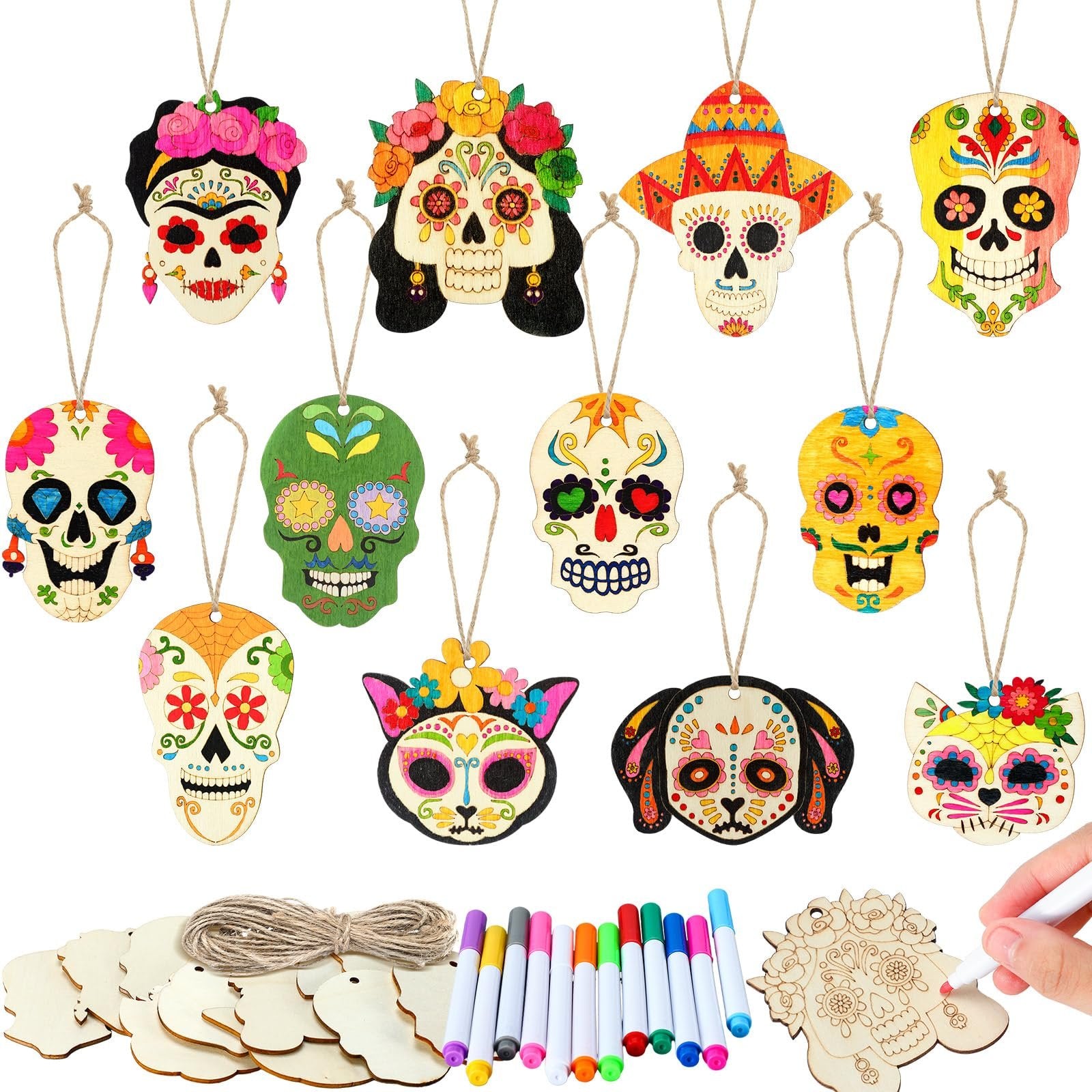 Unfinished wooden sugar skull ornaments in various designs, including skulls, a cat, and a dog, with coloring pens and rope.