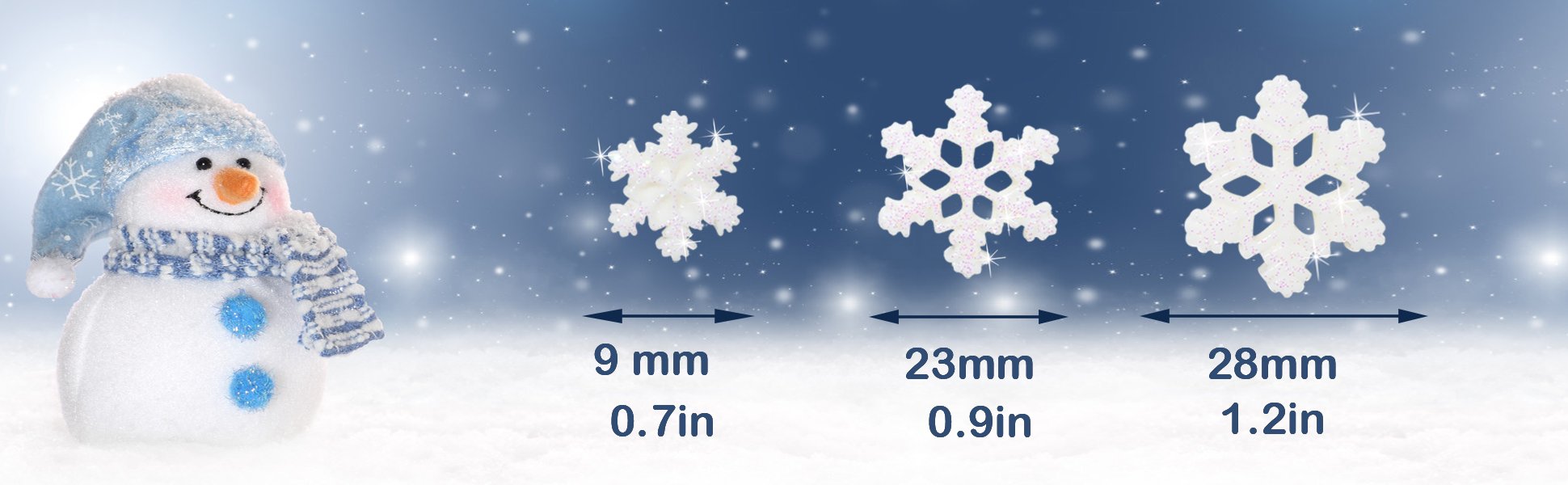 Glittering white snowflakes in three sizes displayed with a festive snowman and size indicators.