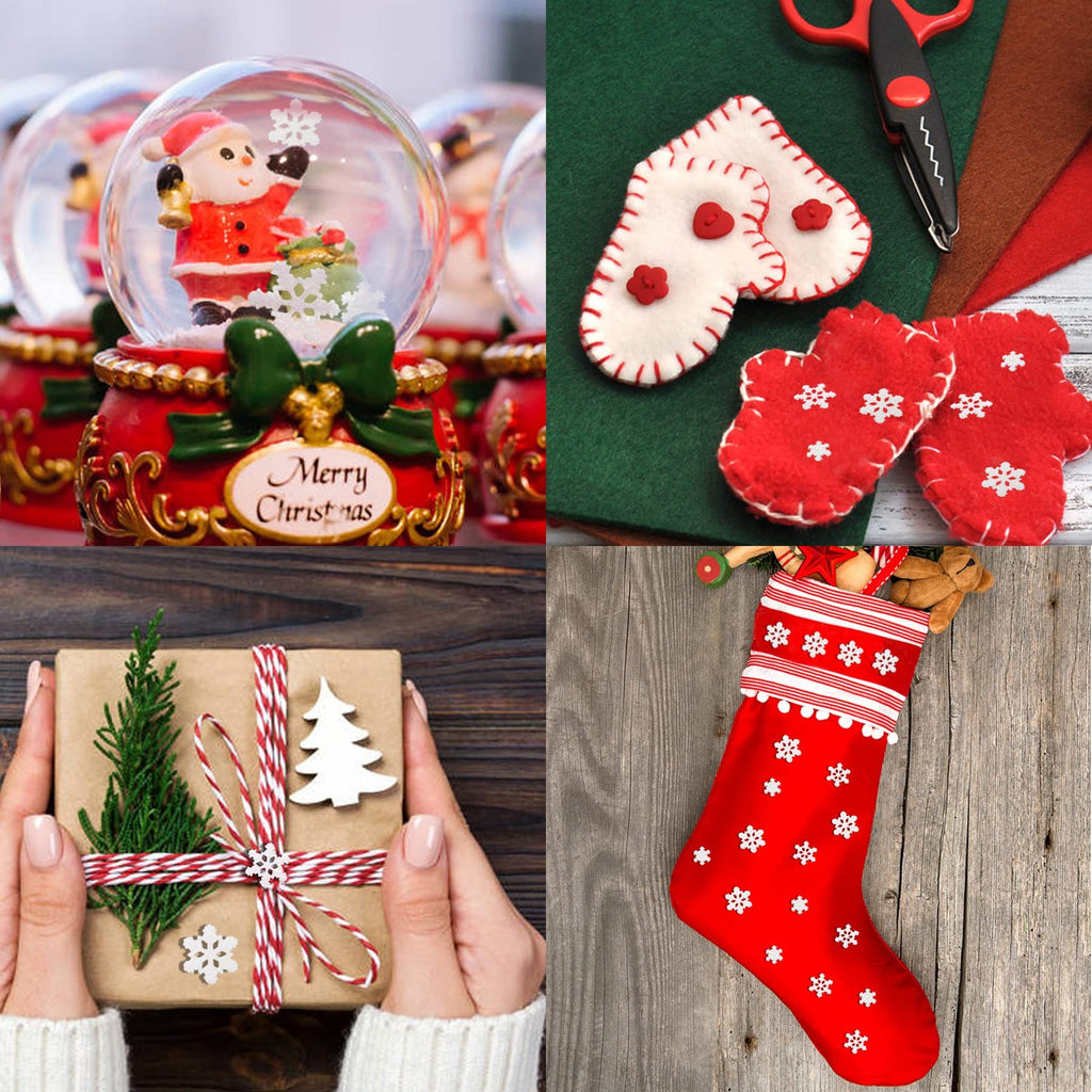 Collage of four Christmas-themed images: snow globes with Santa, felt crafts with scissors, a gift-wrapped package, and a red stocking with snowflakes.