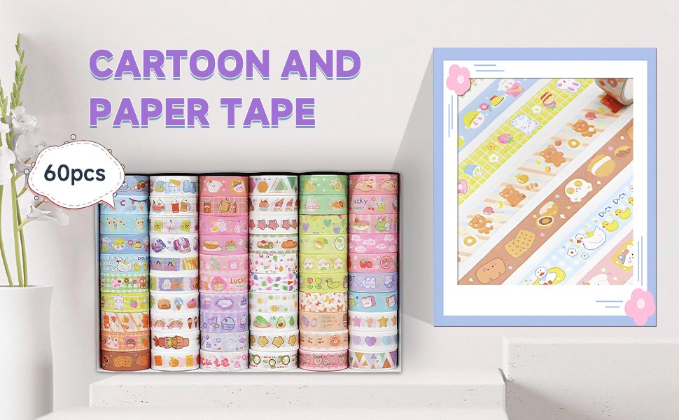 Stack of 60 rolls of decorative cartoon washi tape with colorful patterns, shown with a close-up inset view.