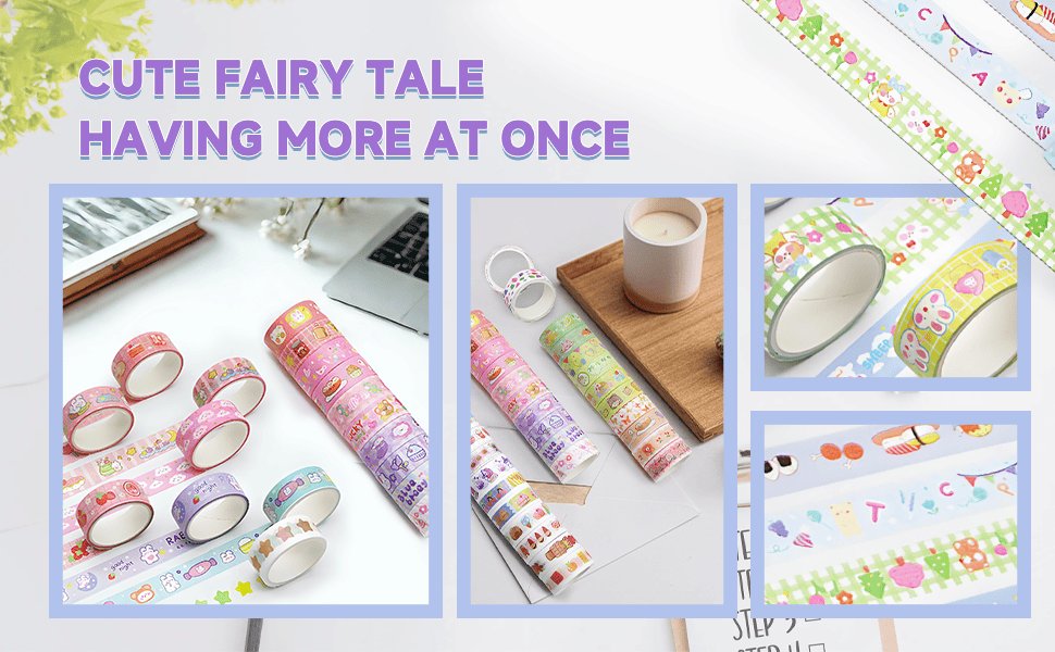 Collection of decorative washi tape rolls with colorful patterns for scrapbooking and DIY crafts