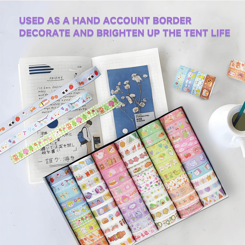 A flat lay of 60 rolls of decorative washi tape with colorful patterns, arranged in a box and scattered around a notebook and a pair of scissors.