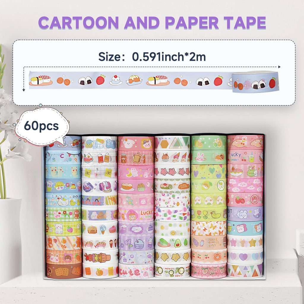 Box of 60 rolls of decorative cartoon washi tape with various colorful patterns, displayed on a shelf.