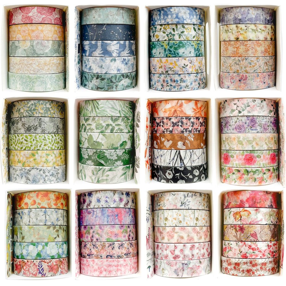 Set of 60 floral washi tape rolls in decorative patterns, arranged in boxes.