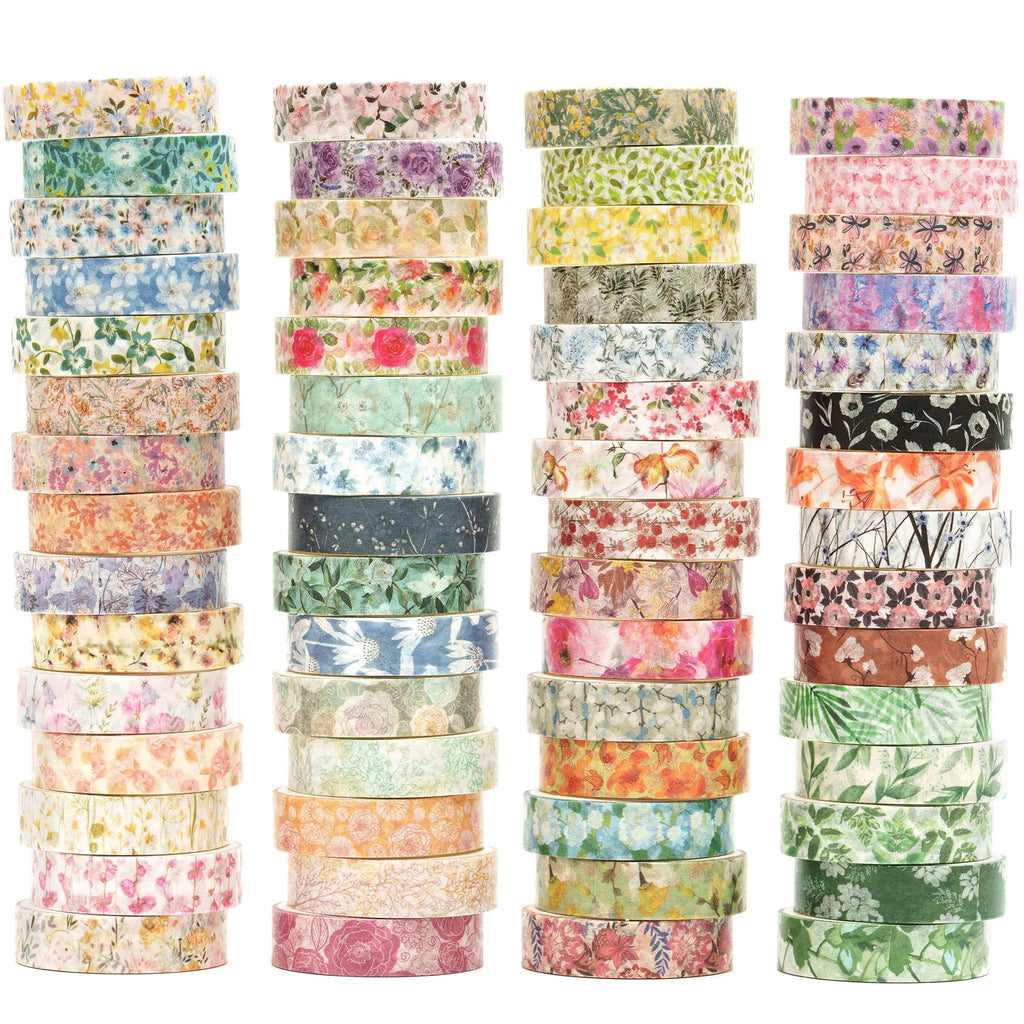Stacks of floral washi tape rolls with various patterns and colors against a white background.