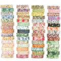 Stacks of floral washi tape rolls with various patterns and colors against a white background.