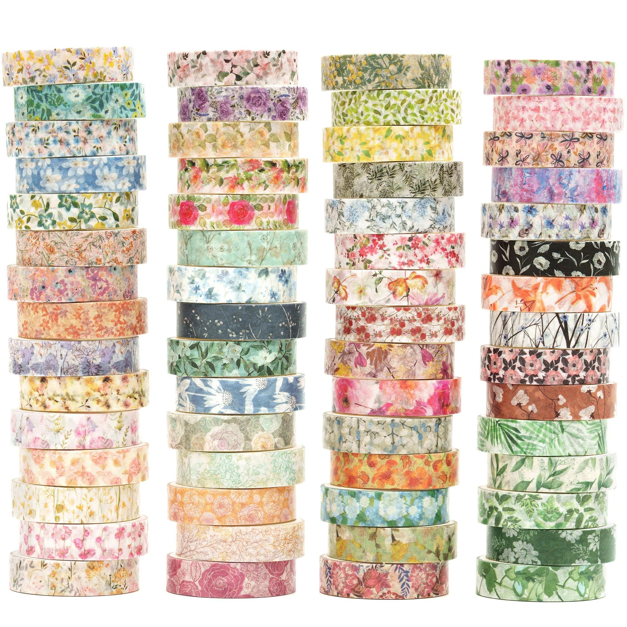 Stacks of floral washi tape rolls with various patterns and colors against a white background.