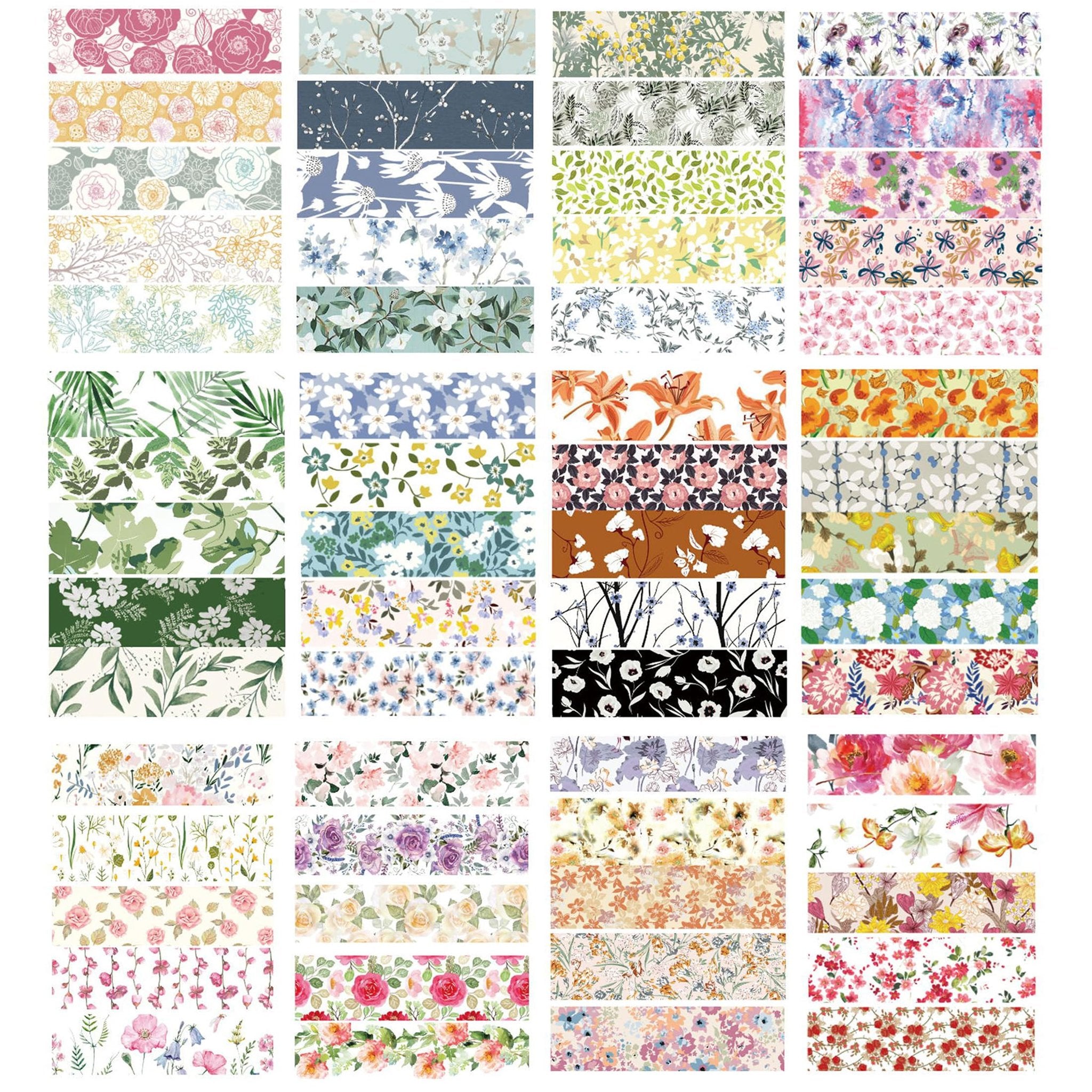 Collage of 60 floral washi tape rolls with various patterns and colors, arranged in columns and rows.