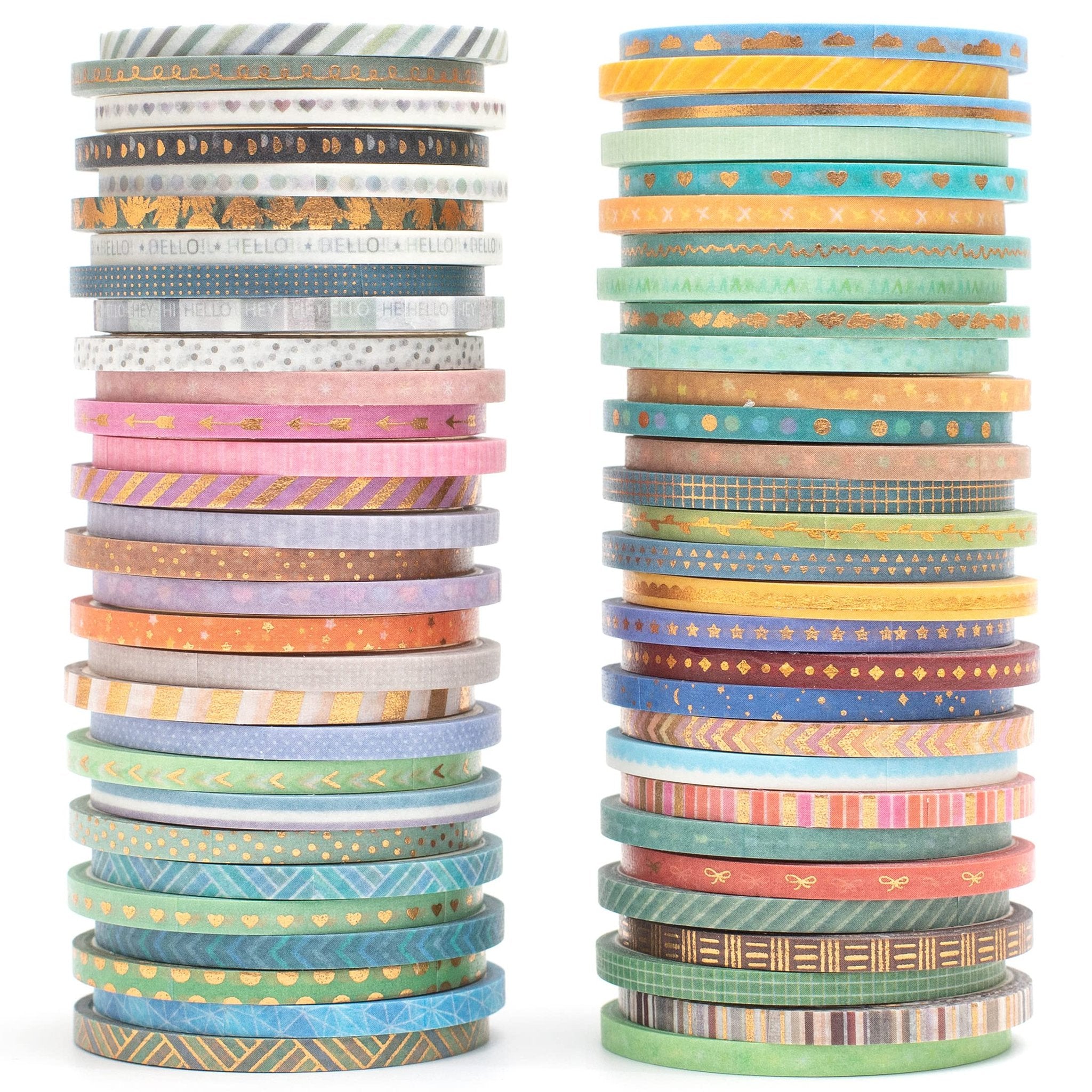 Two stacks of skinny gold foil washi tape rolls with various patterns and colors, shown against a white background.