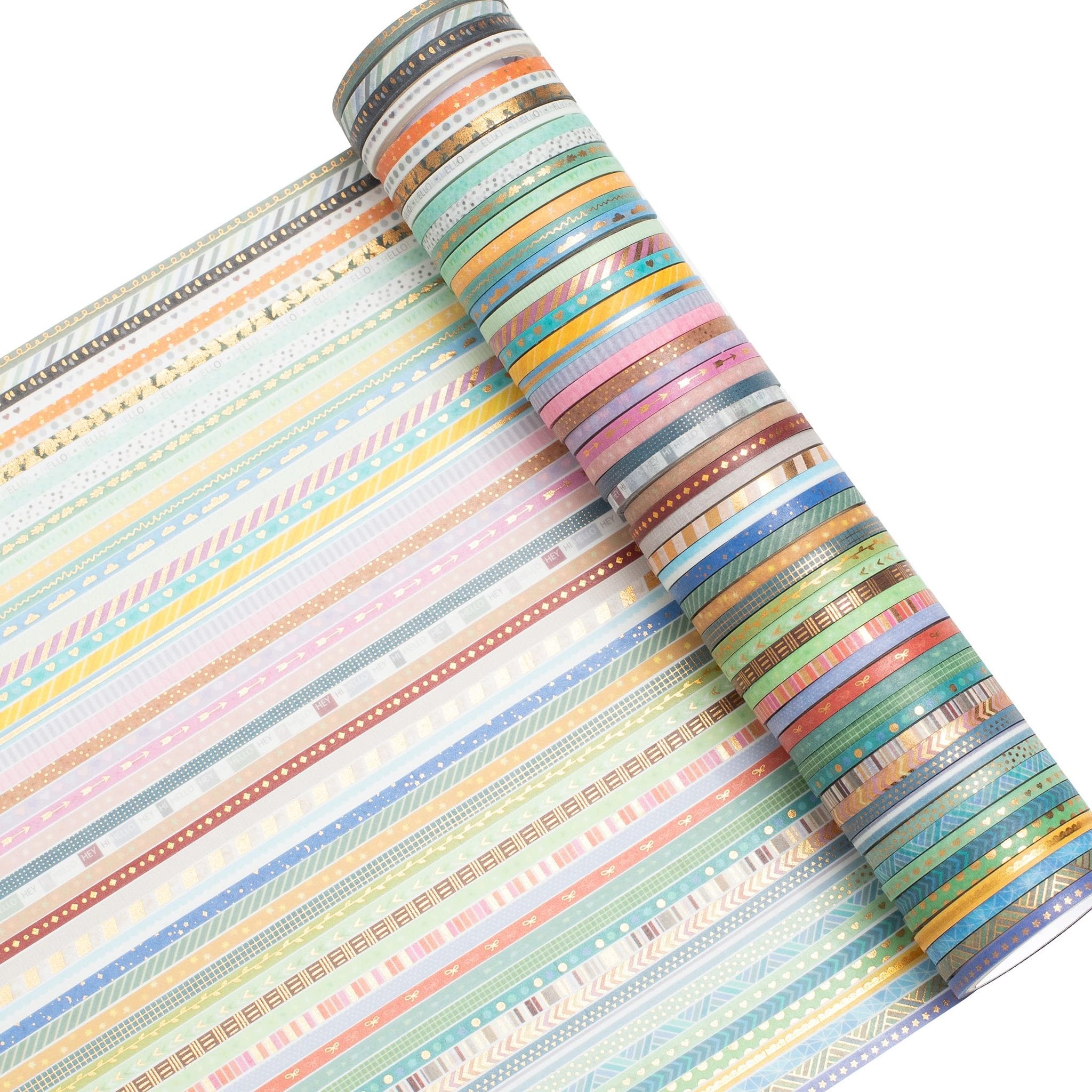 Rolls of skinny gold foil washi tape with various patterns and colors, displayed on a white background.