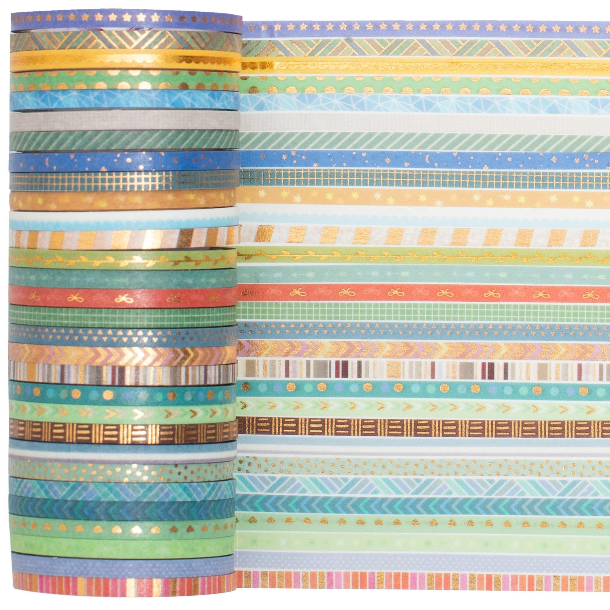 Stack of skinny gold foil washi tape rolls next to a display of unrolled tape patterns on white background