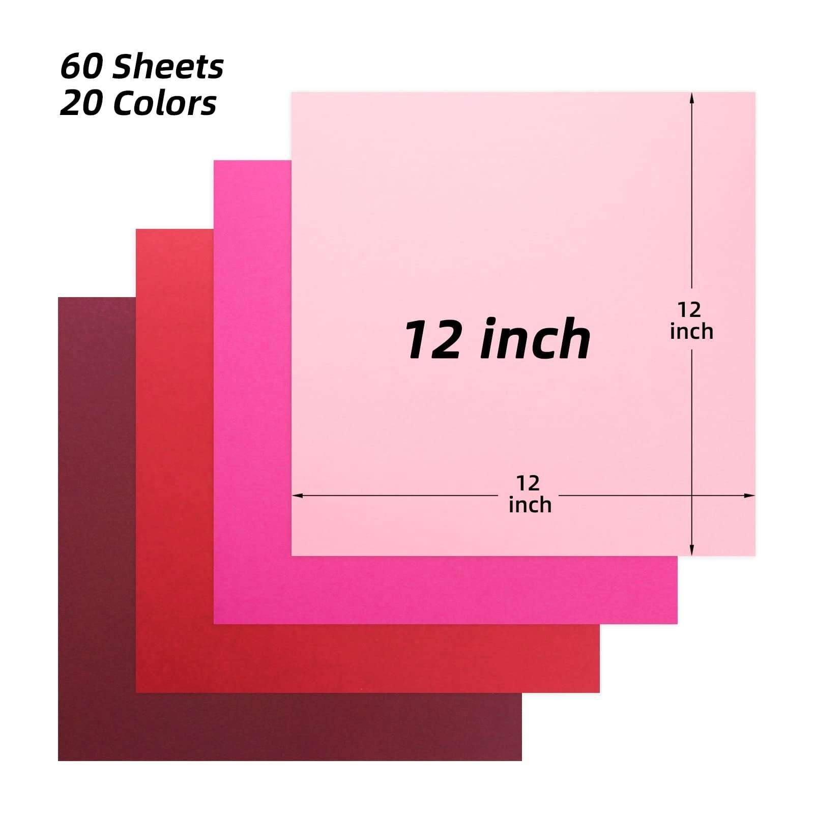 Stack of assorted colored cardstock paper sheets, showing dimensions of 12x12 inches and text indicating 60 sheets and 20 colors.