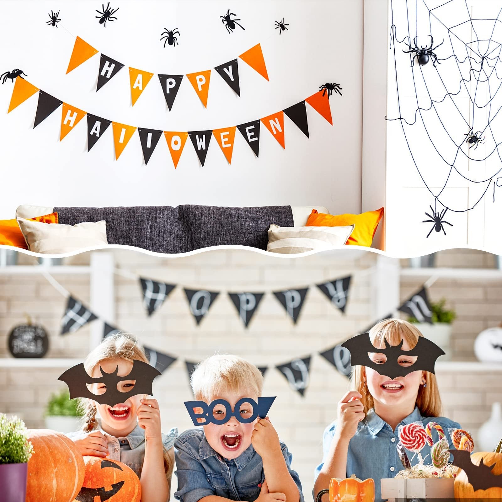Children celebrating Halloween with festive decorations and candy, including banners and pumpkins.