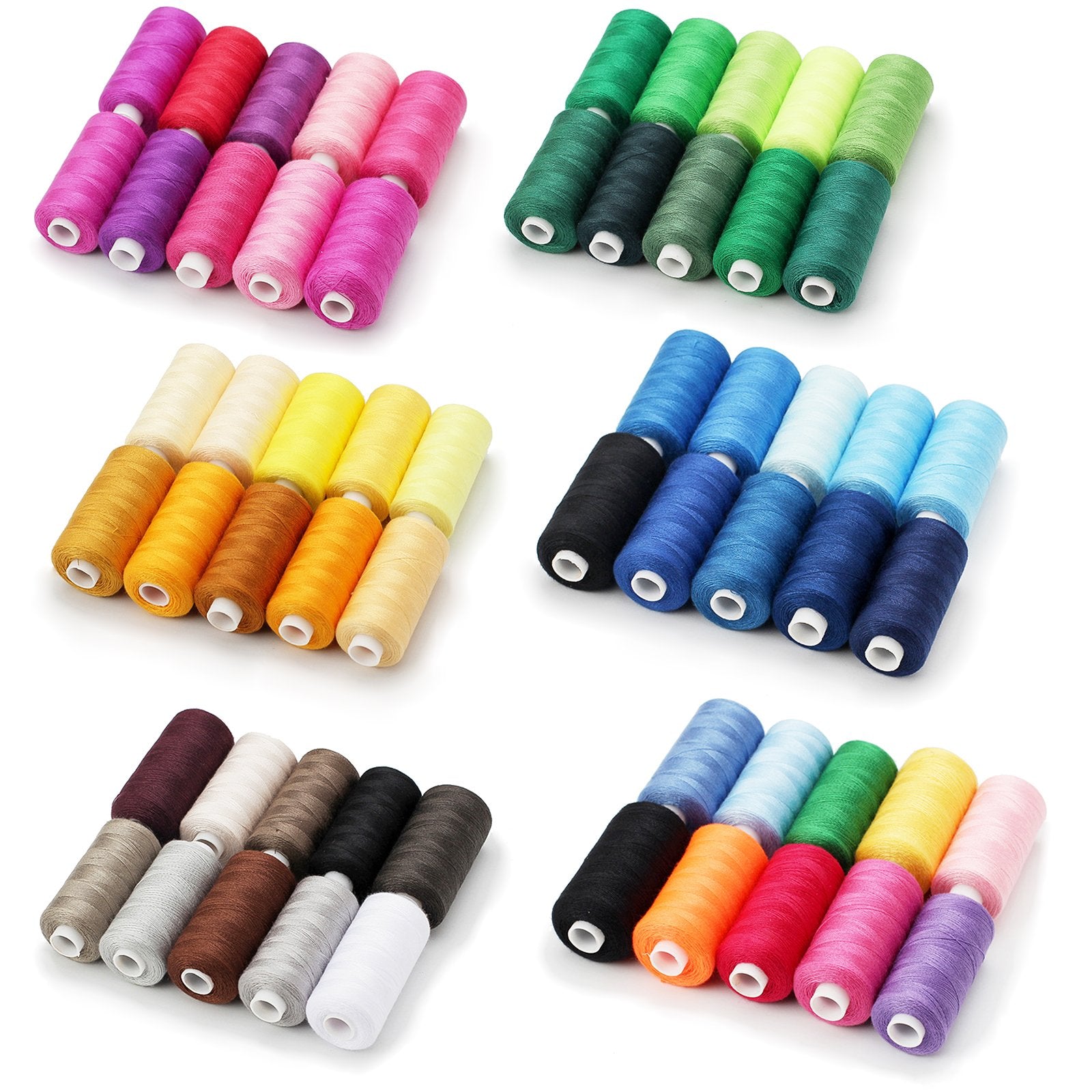 Assortment of colorful polyester sewing thread spools arranged in groups on a white background.