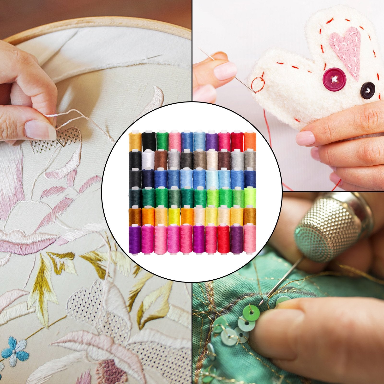 Collage of sewing activities: embroidery, hand sewing a heart, and sewing sequins onto fabric, with a central inset of colorful thread spools.
