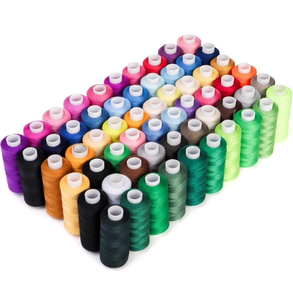 Assortment of 60 colorful spools of polyester sewing thread arranged diagonally on a white background.