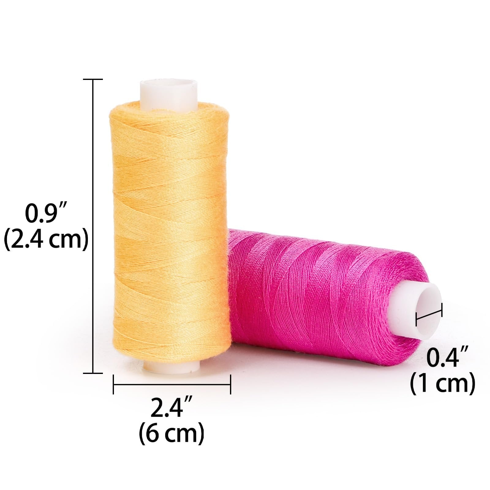 Two spools of sewing thread, one yellow and one pink, with dimension callouts for height and width.