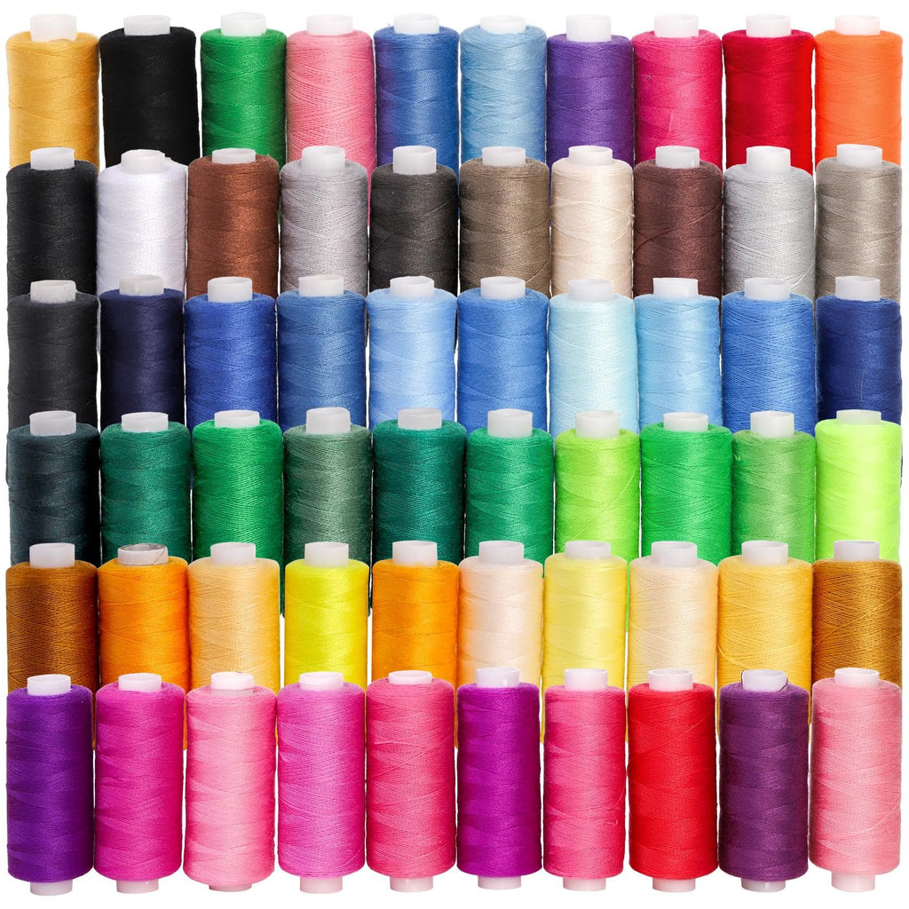 A collection of 60 spools of polyester sewing thread in various colors, arranged in rows on a white background.