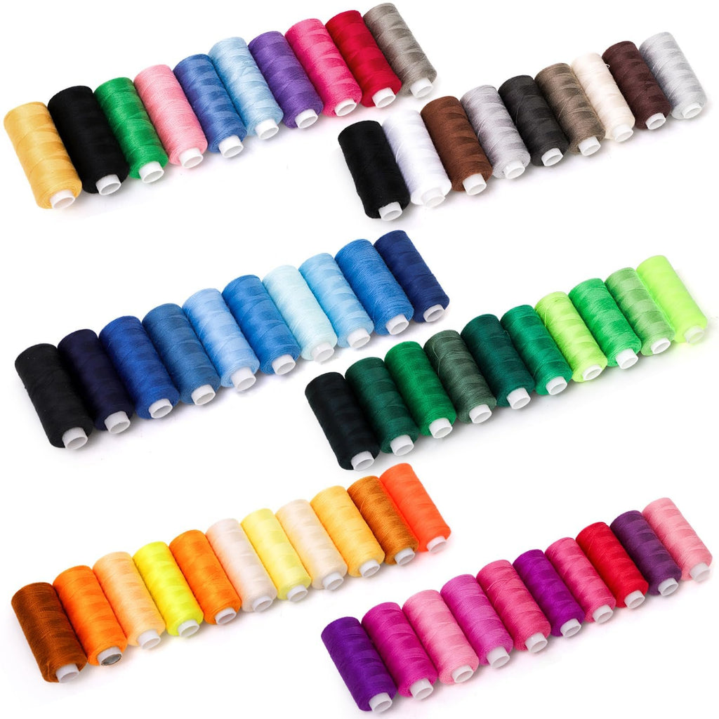 Assortment of 60 spools of colorful polyester sewing thread arranged in rows on a white background.