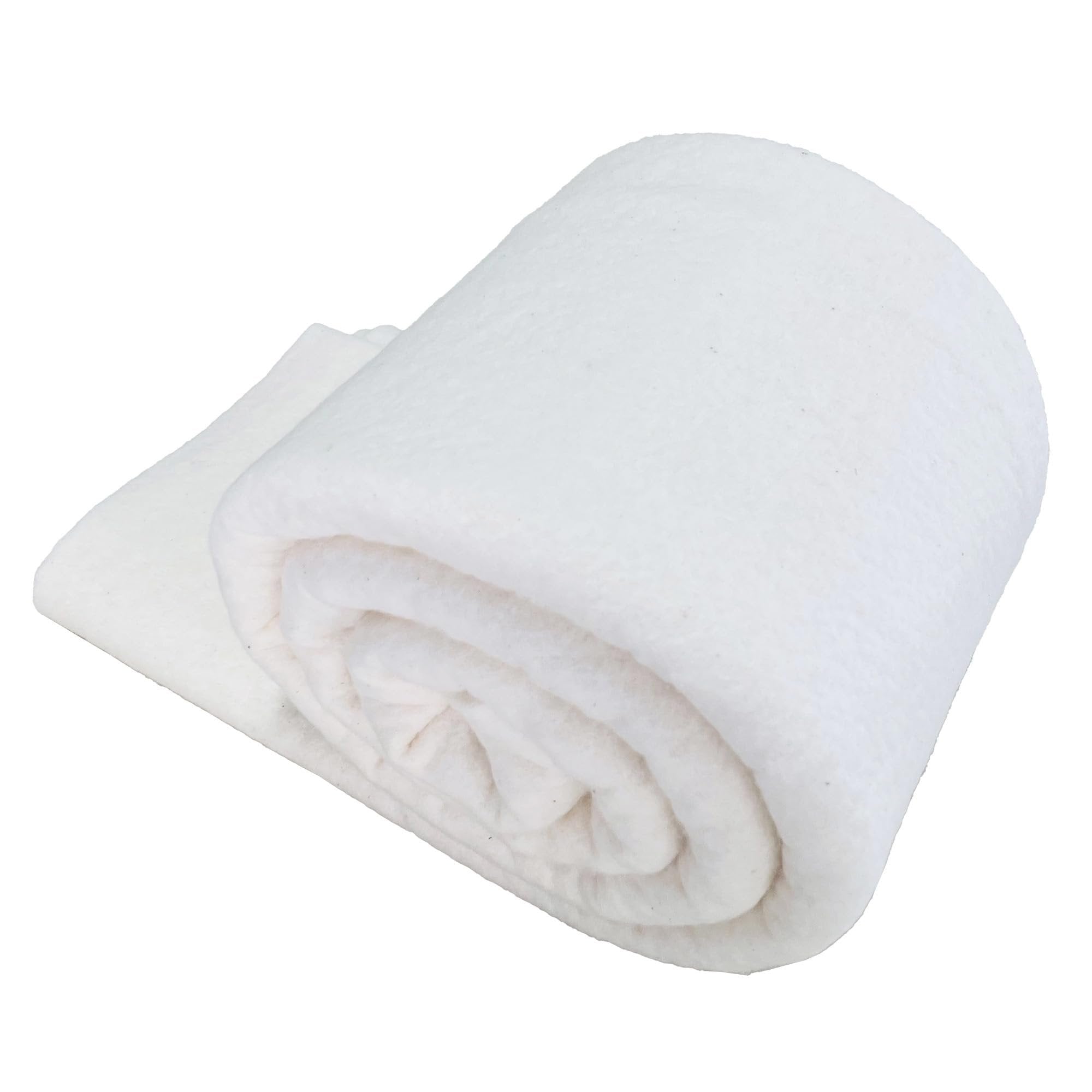 Rolled white 100% natural cotton quilt batting on a white background, showing texture and thickness.