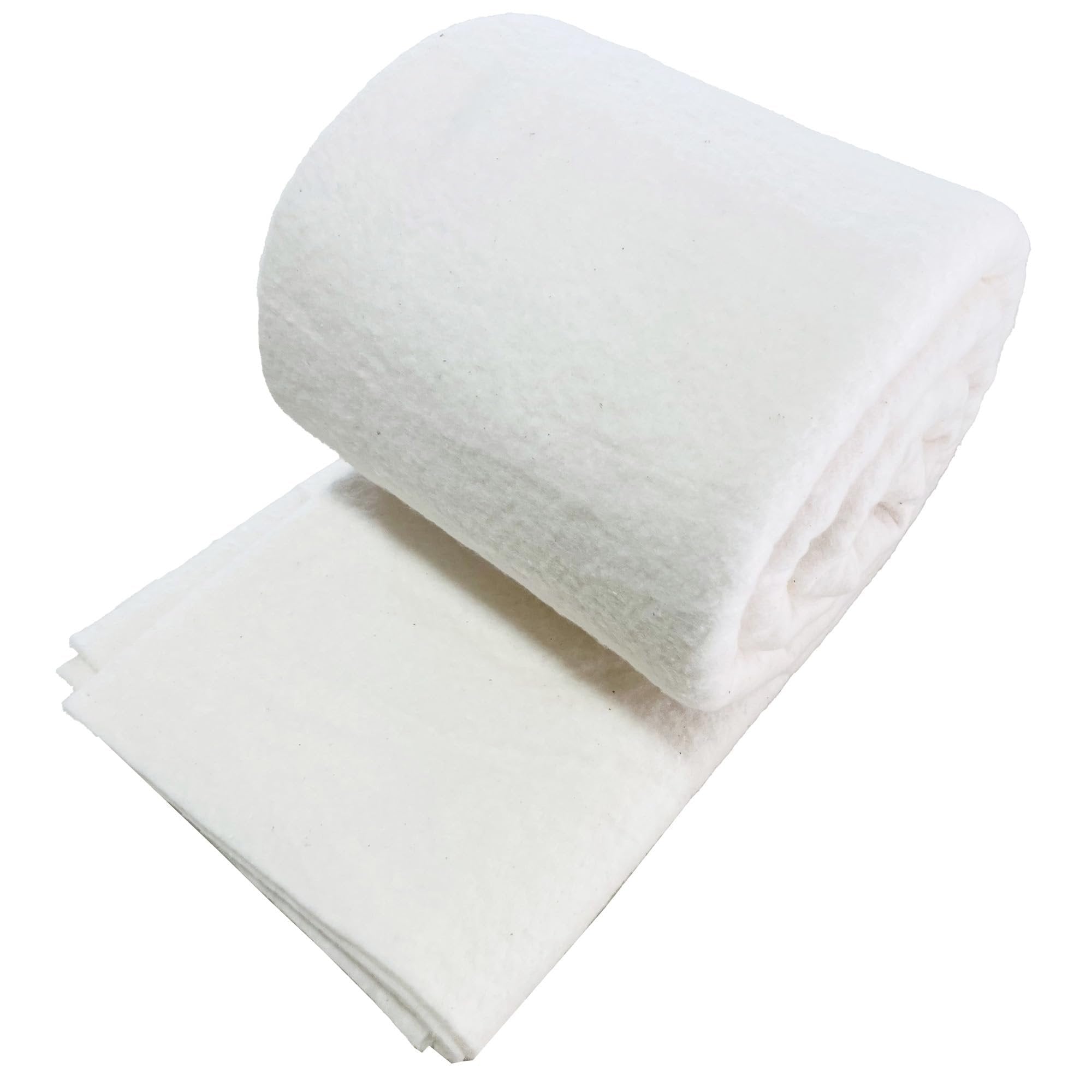 Rolled and folded natural cotton quilt batting on a white background, showing texture and thickness.