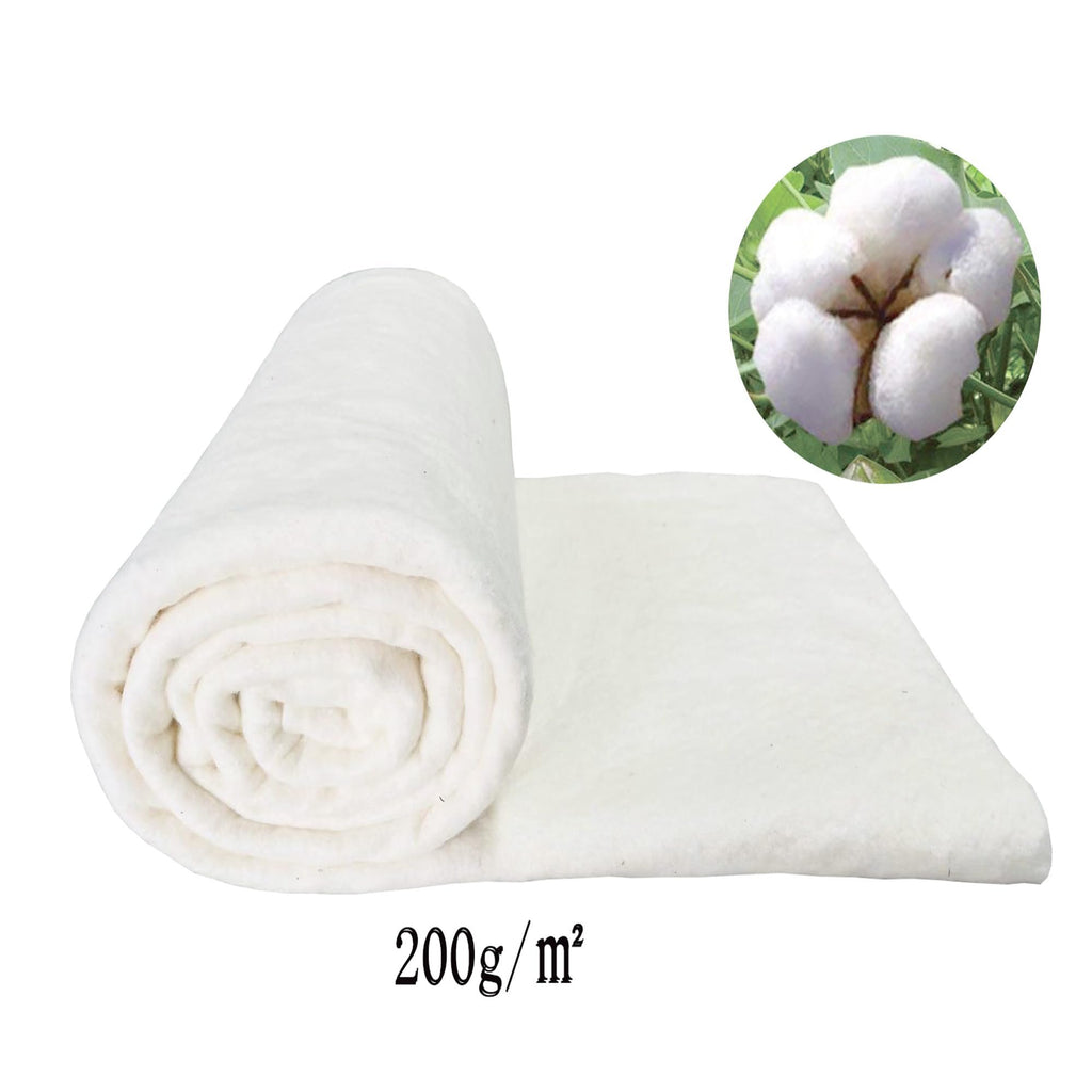Rolled natural cotton quilt batting with a cotton boll graphic and 200g/m² text overlay