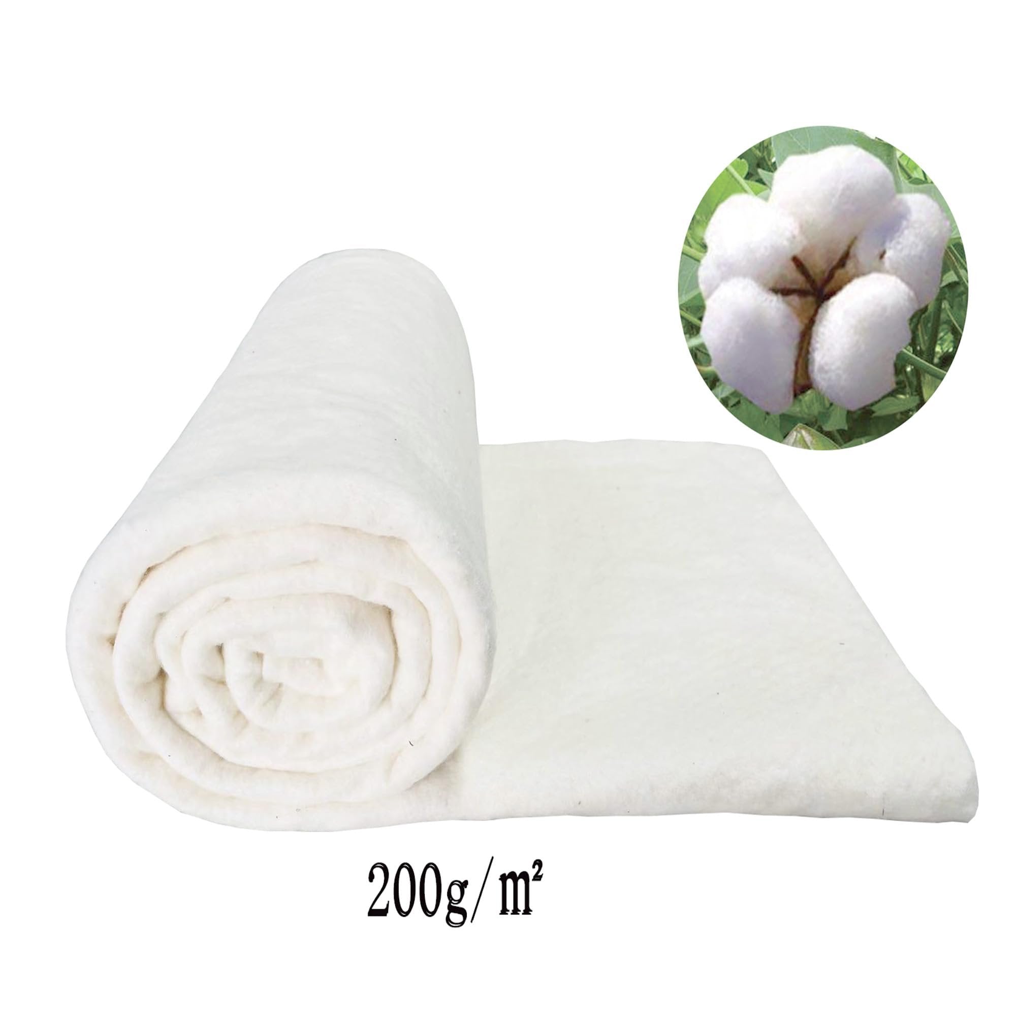 Rolled natural cotton quilt batting with a cotton boll graphic and 200g/m² text overlay