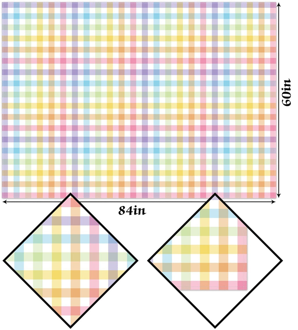 Pastel buffalo check plaid tablecloth shown flat with dimensions 60in and 84in indicated, with two close-up diamond insets.