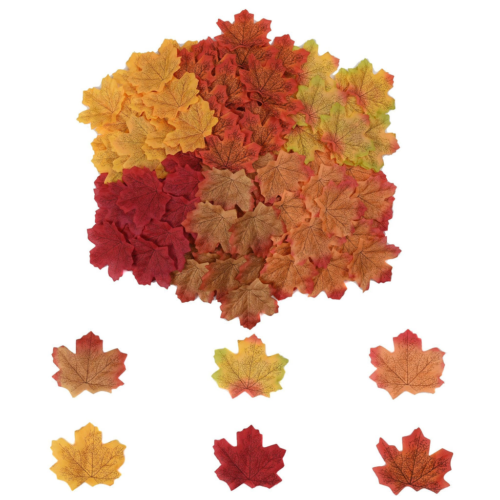 Pile of colorful artificial maple leaves in various fall colors, with individual leaves shown below on a white background.
