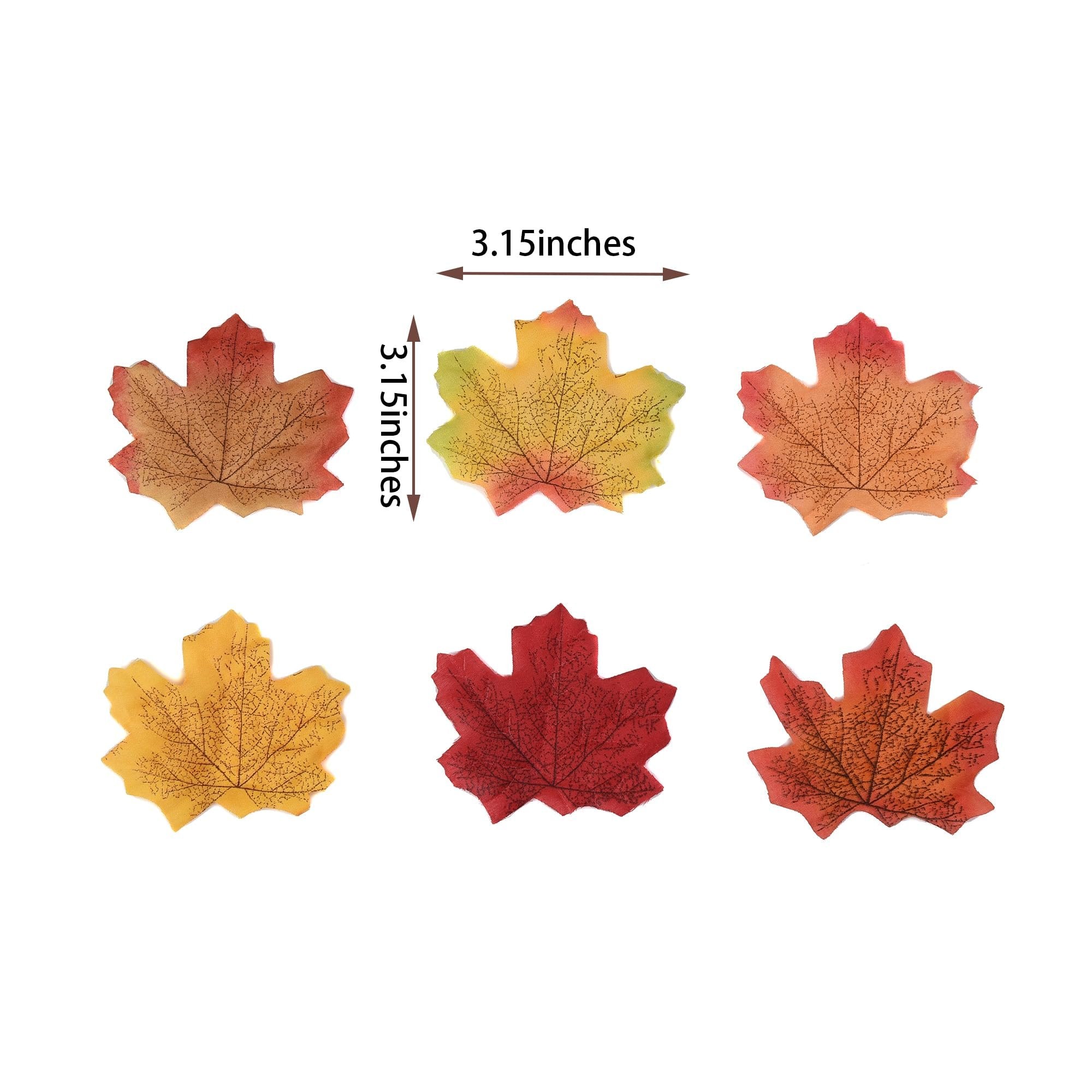 Six colorful artificial maple leaves displayed on a white background with dimensions indicated.