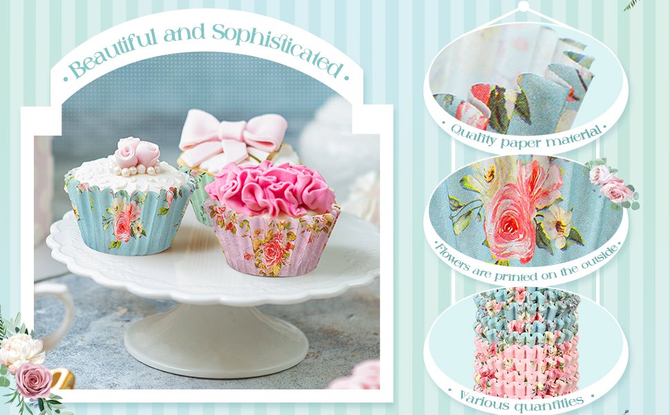 Floral patterned mini cupcake liners on a white cake stand, with close-ups of liner details and stacked liners.