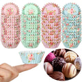 Four stacks of floral-patterned mini cupcake liners in pink, mint green, and blue, with a hand holding one liner and a close-up of assorted chocolates.