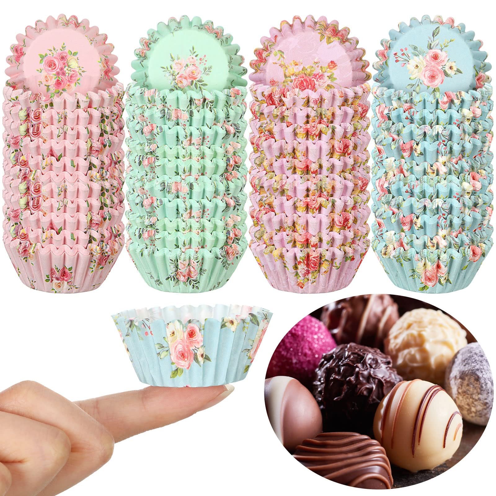 Four stacks of floral-patterned mini cupcake liners in pink, mint green, and blue, with a hand holding one liner and a close-up of assorted chocolates.