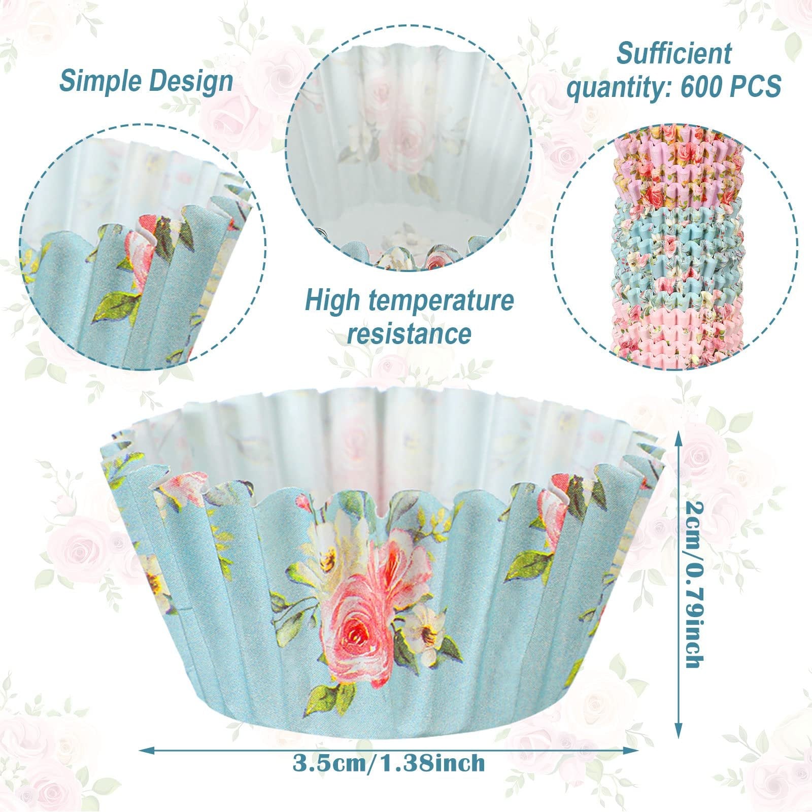 Close-up of a light blue floral cupcake liner showing dimensions and features like simple design and high temperature resistance.