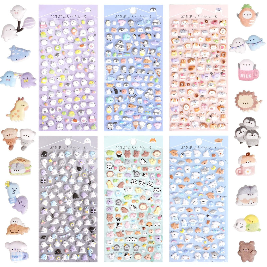 Six sheets of puffy 3D stickers featuring kawaii animals and objects, arranged in rows.