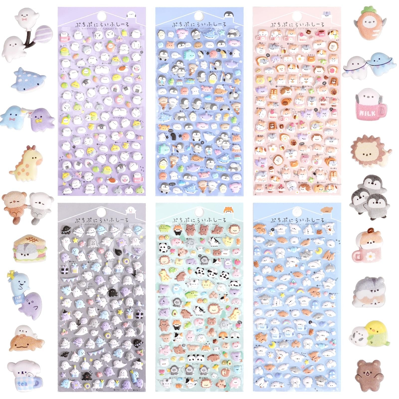 Six sheets of puffy 3D stickers featuring kawaii animals and objects, arranged in rows.