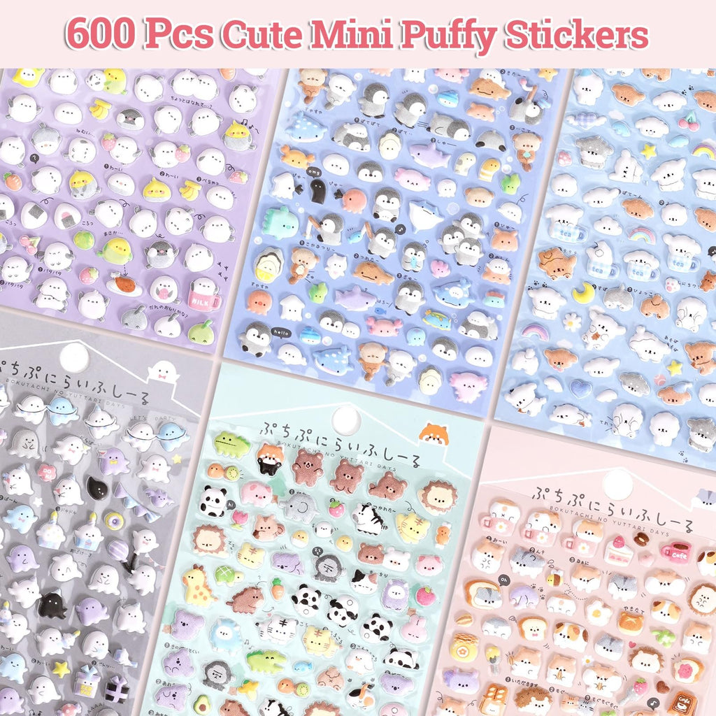 Six sheets of puffy 3D stickers featuring cute cartoon animals like cats, dogs, penguins, and ghosts, with Japanese text.