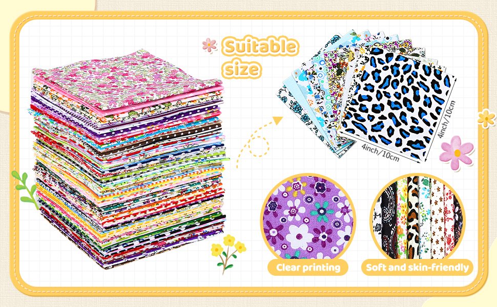 Stack of colorful floral print fabric squares and a fanned out selection of fabric squares including leopard print.