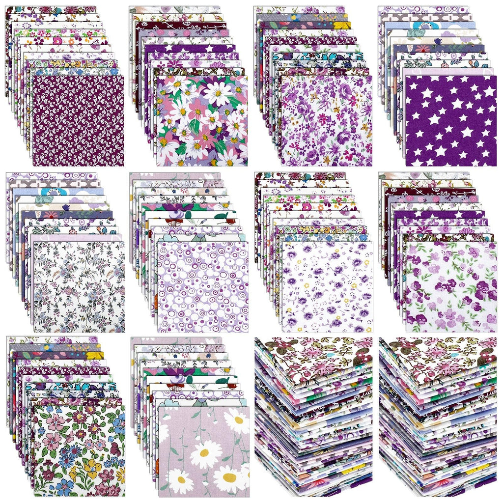 Stacks of 4x4 inch floral print fabric squares in various purple and pink patterns, arranged in a grid.