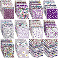 Stacks of 4x4 inch floral print fabric squares in various purple and pink patterns, arranged in a grid.
