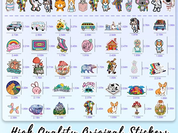 Collage of various vinyl stickers including a jeep, van, scooter, roller skate, cassette tape, rose, house, corgi, astronaut, and more.